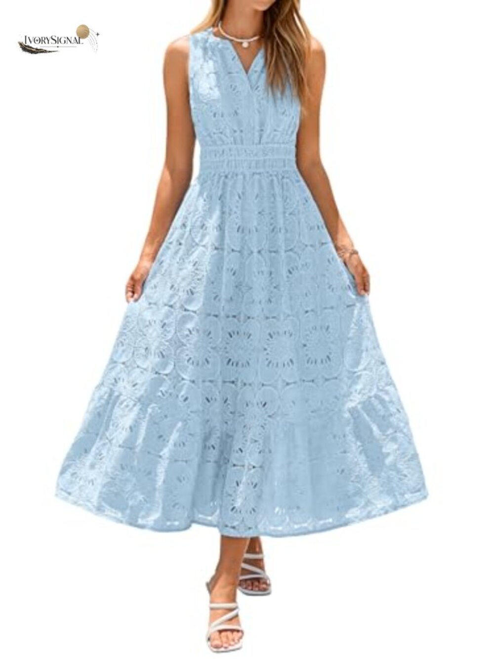 Sleeveless Eyelet Maxi Dress V Neck A Line Boho Flowy Beach Wedding Guest